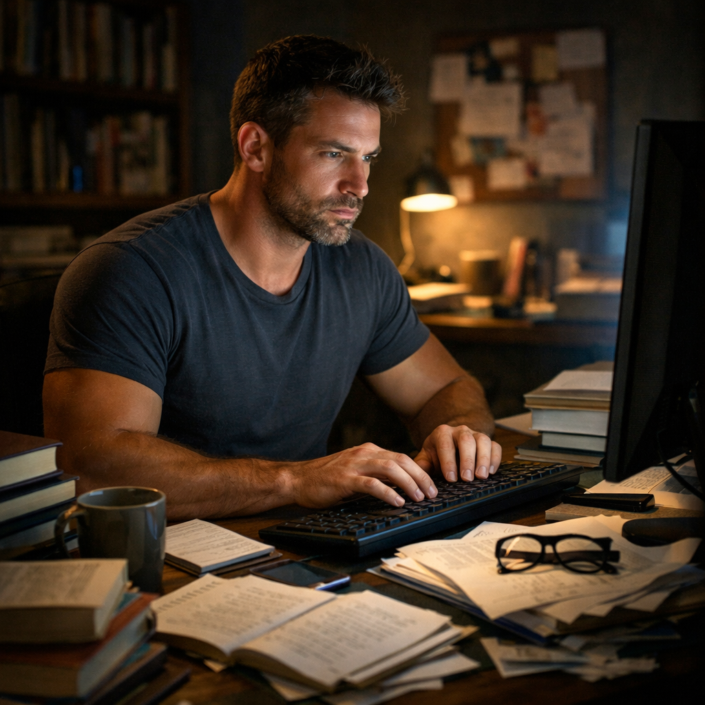 A muscular 37-year-old male sits at a laptop computer working late into the night.