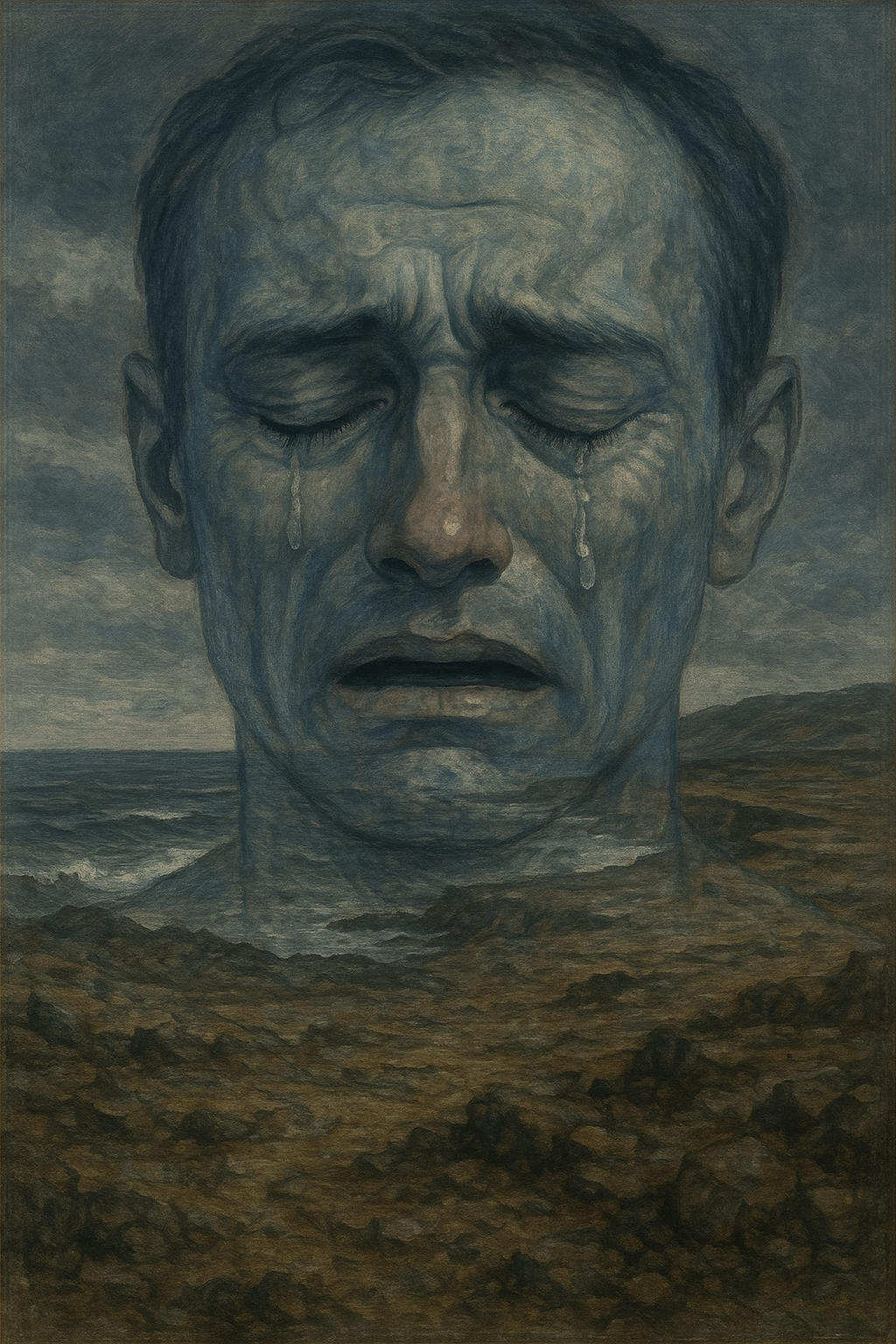 A transparent face weeping. Through the transparency we see a barren, rocky coast.
