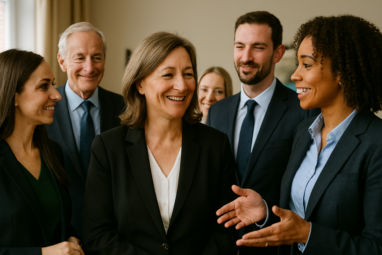 A middle-aged woman smiling as she greets people coming into a room.