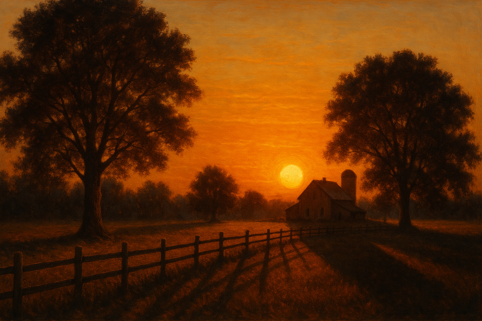 A sunset casting long shadows over a rural landscape.