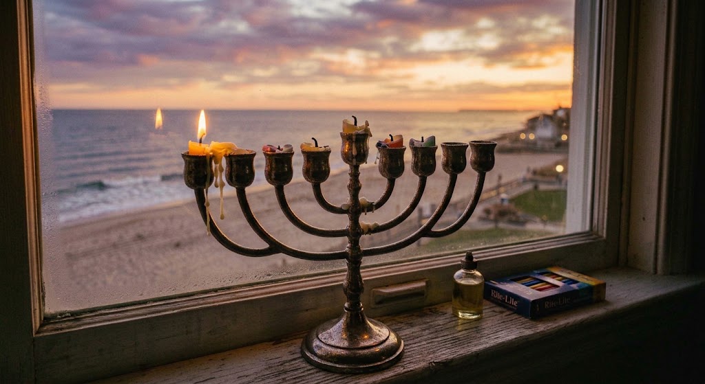 A menorah on the sill of a picture window. Outside, a sun setting over the sea. All the candles have burned out except the last one, down to a flickering flame.
