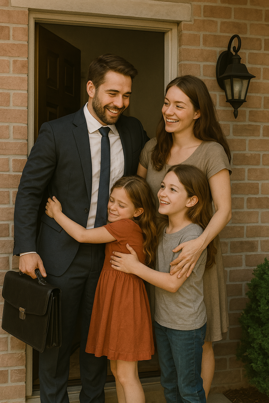 A father being greeted at the door by his wife and two children.