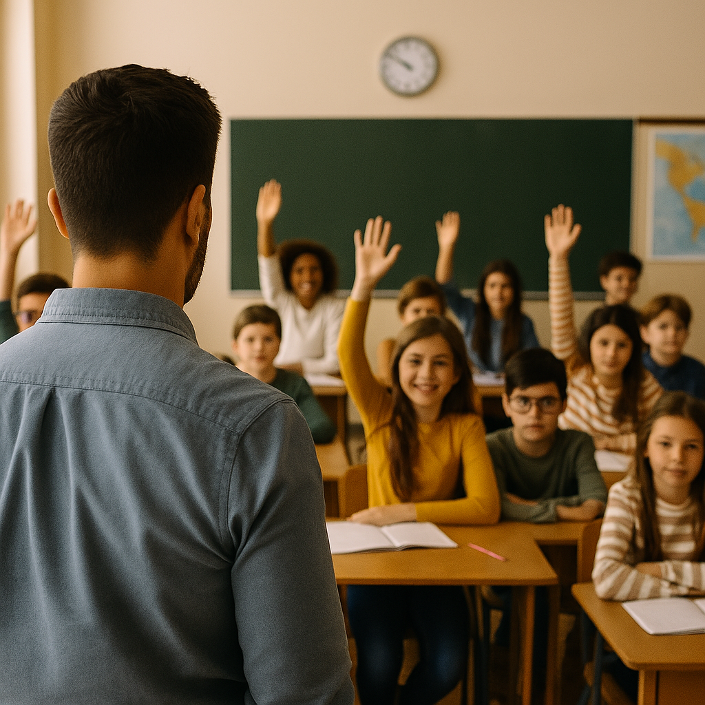 A teacher faces his class, many with hands raised to answer a question.