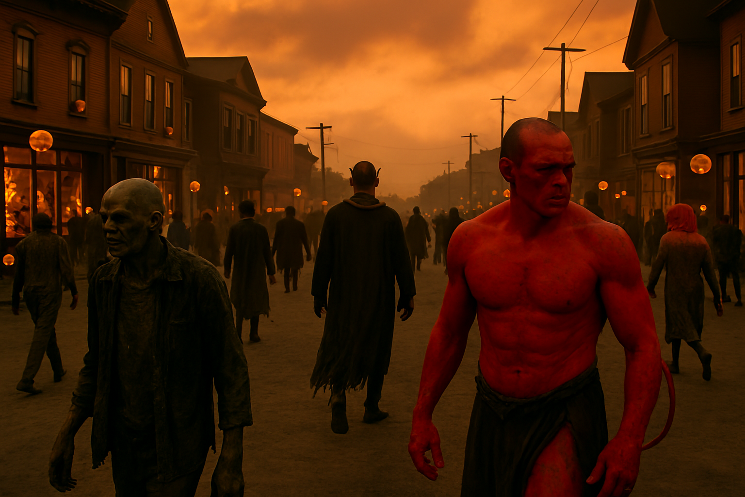 Devils and the dead wandering the streets of a town on Halloween Eve.