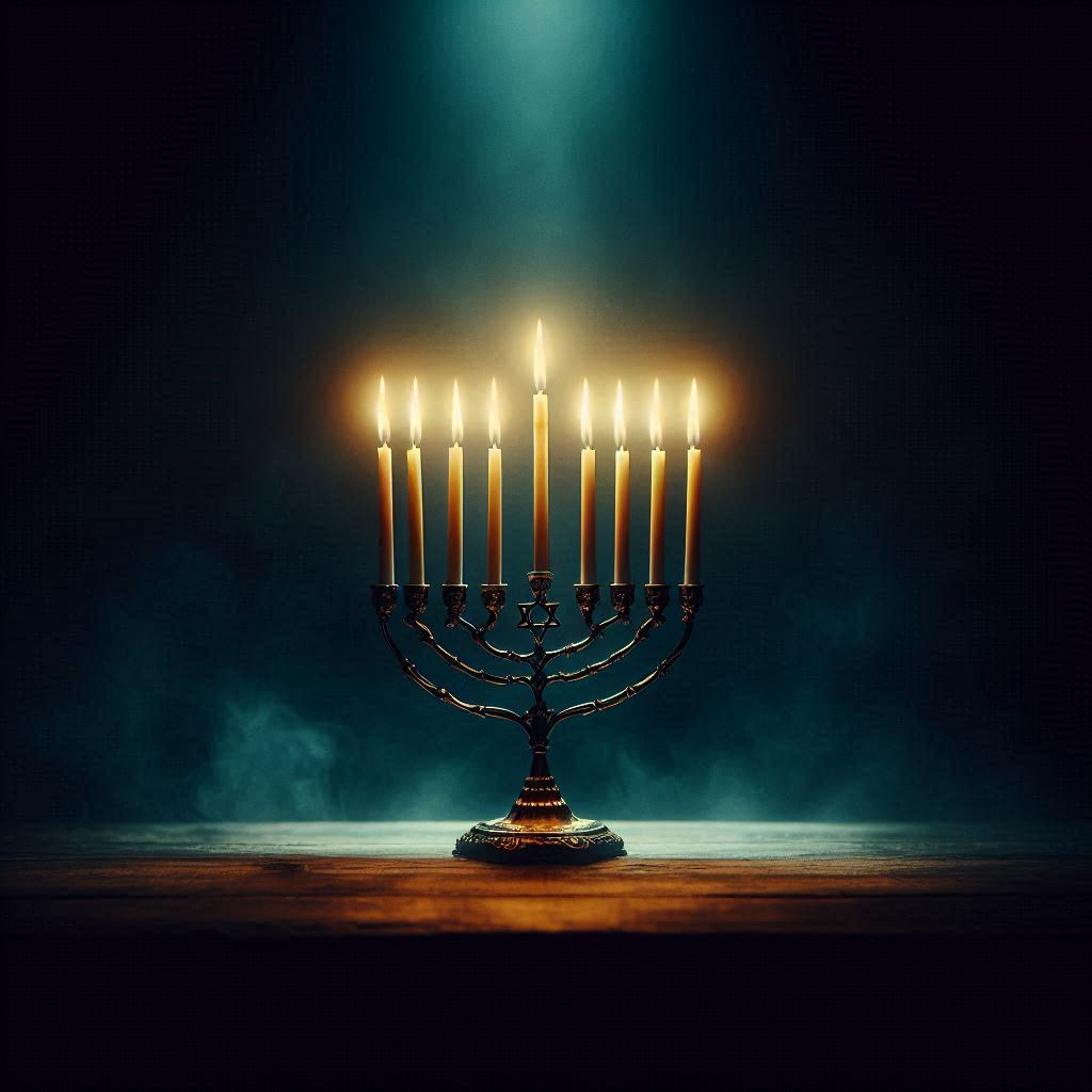 Lighted Hanukkah candles against a dark background