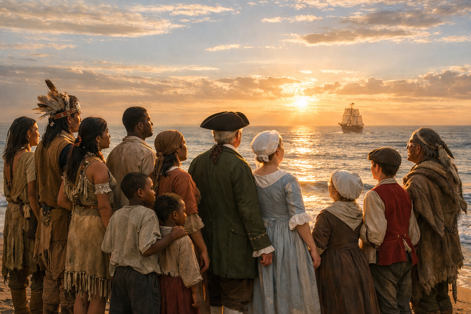A heterogeneous crowd on a beach, including black slaves and colonial whites as well as native Americans and people in modern dress, stare out at a sailing ship making its way towards shore..