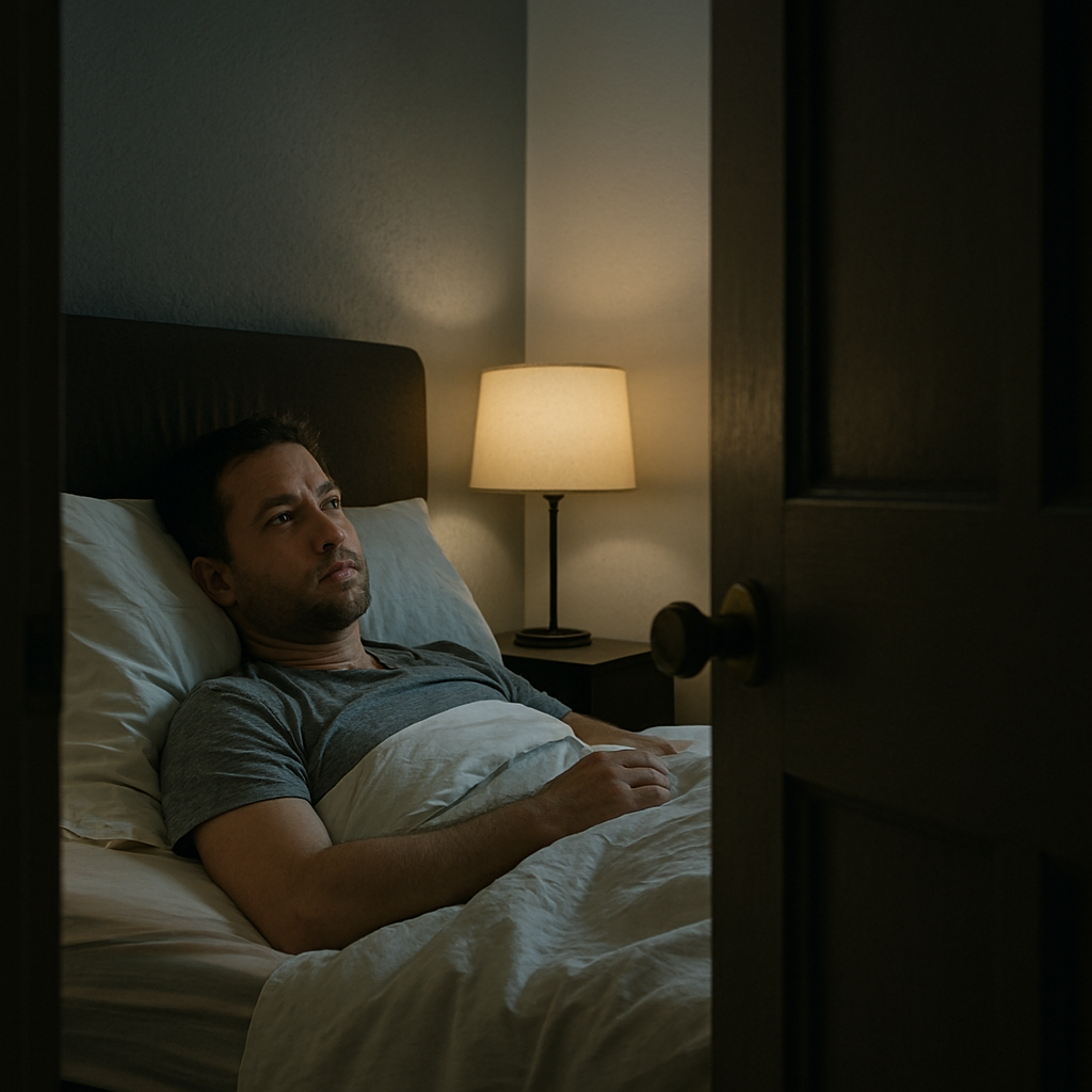 A man lying in bed in the lamplight, the door to the bedroom ajar.