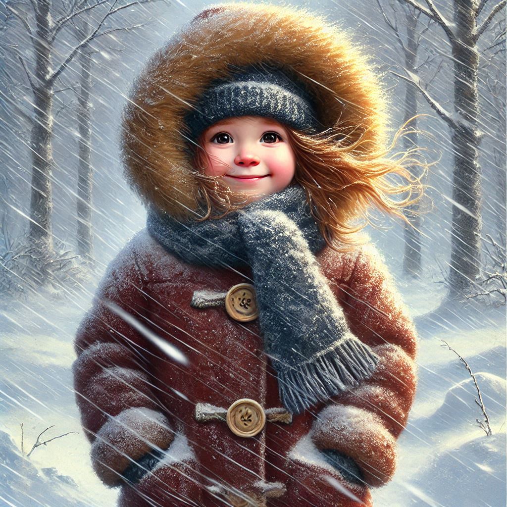 A child waits, bundled up in a snowstorm.