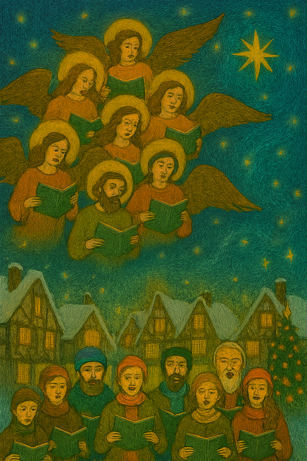 A group of choristers sing Christmas carols while a choir of angels sings overhead.