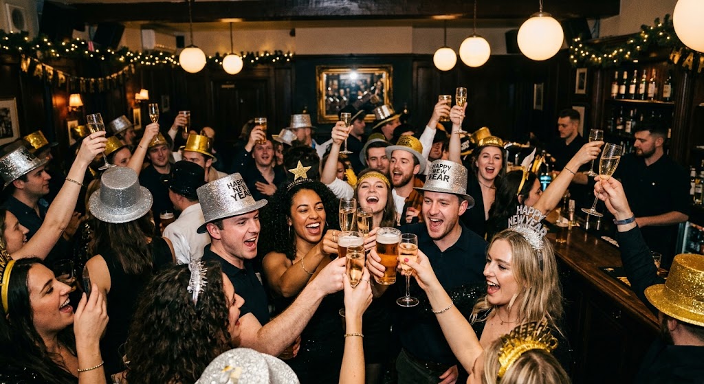 A bar at which about 20 young people are celebrating the brand-new year at midnight.