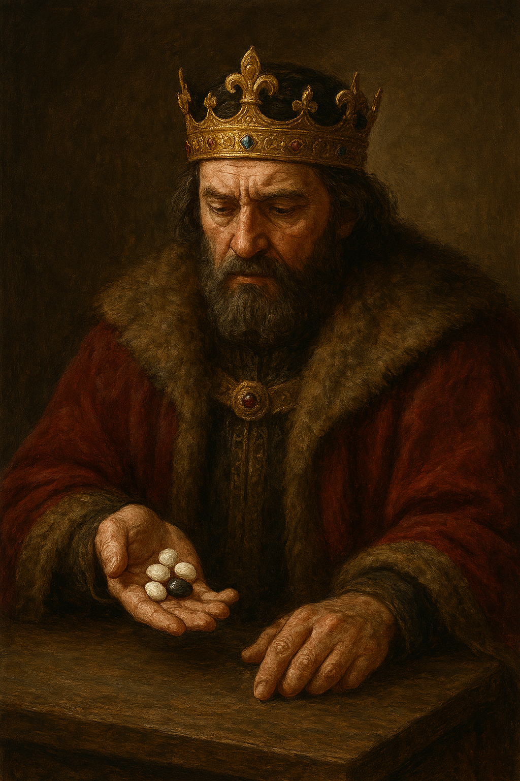 King Haman holds four white stones and one black stone in his hand, which he is about to cast onto a table in front of him.