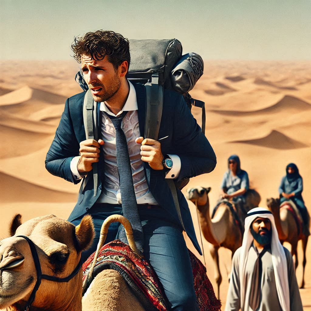 A man dressed inappropriately in a suit and tie and obviously overheated crossing the desert on a camel.