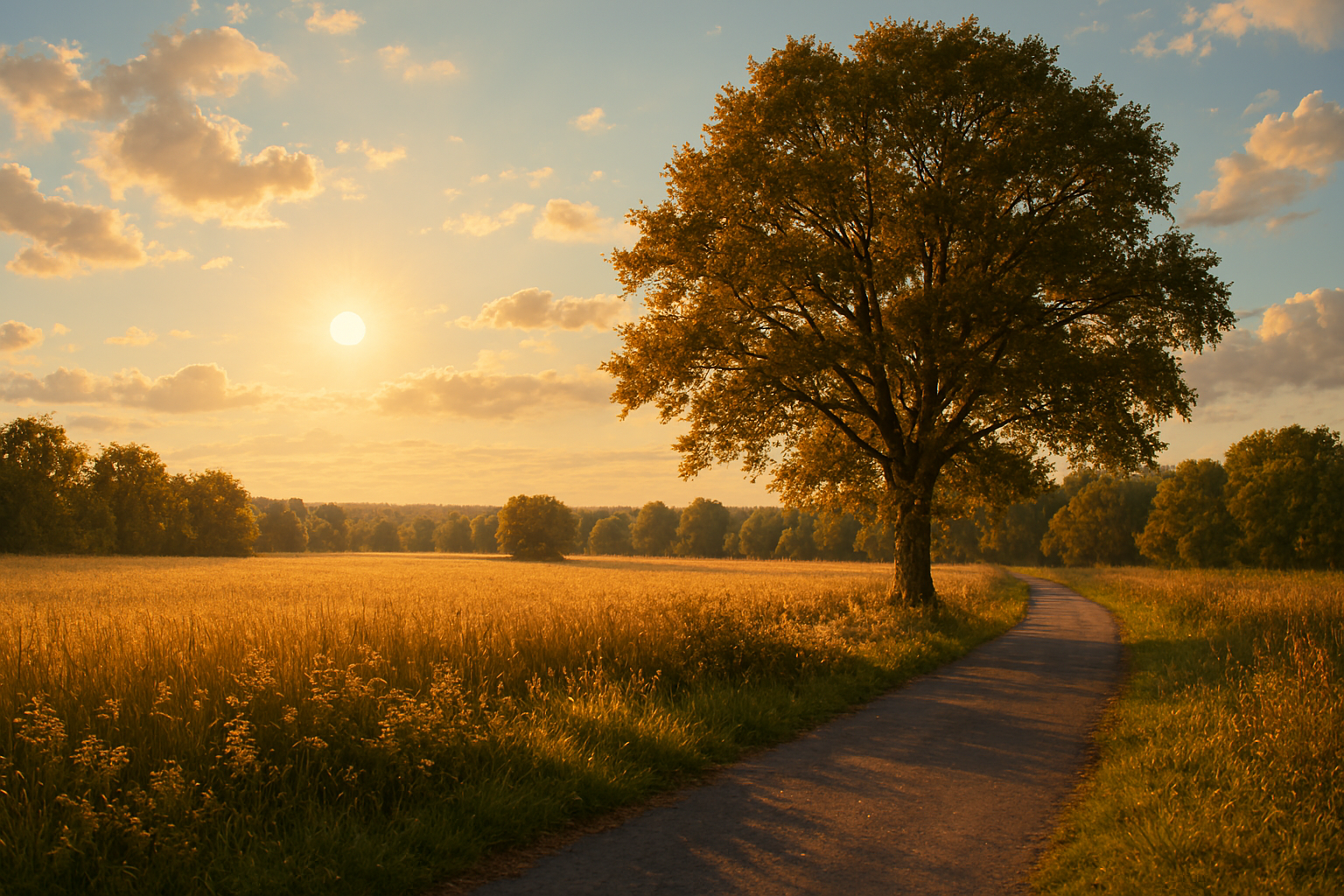 A late September afternoon with one tree in the foreground and a large field surrounded by woods.