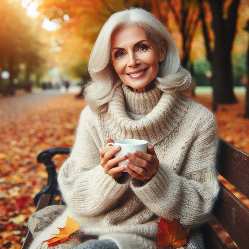 A woman of about sixty on a park bench in autumn