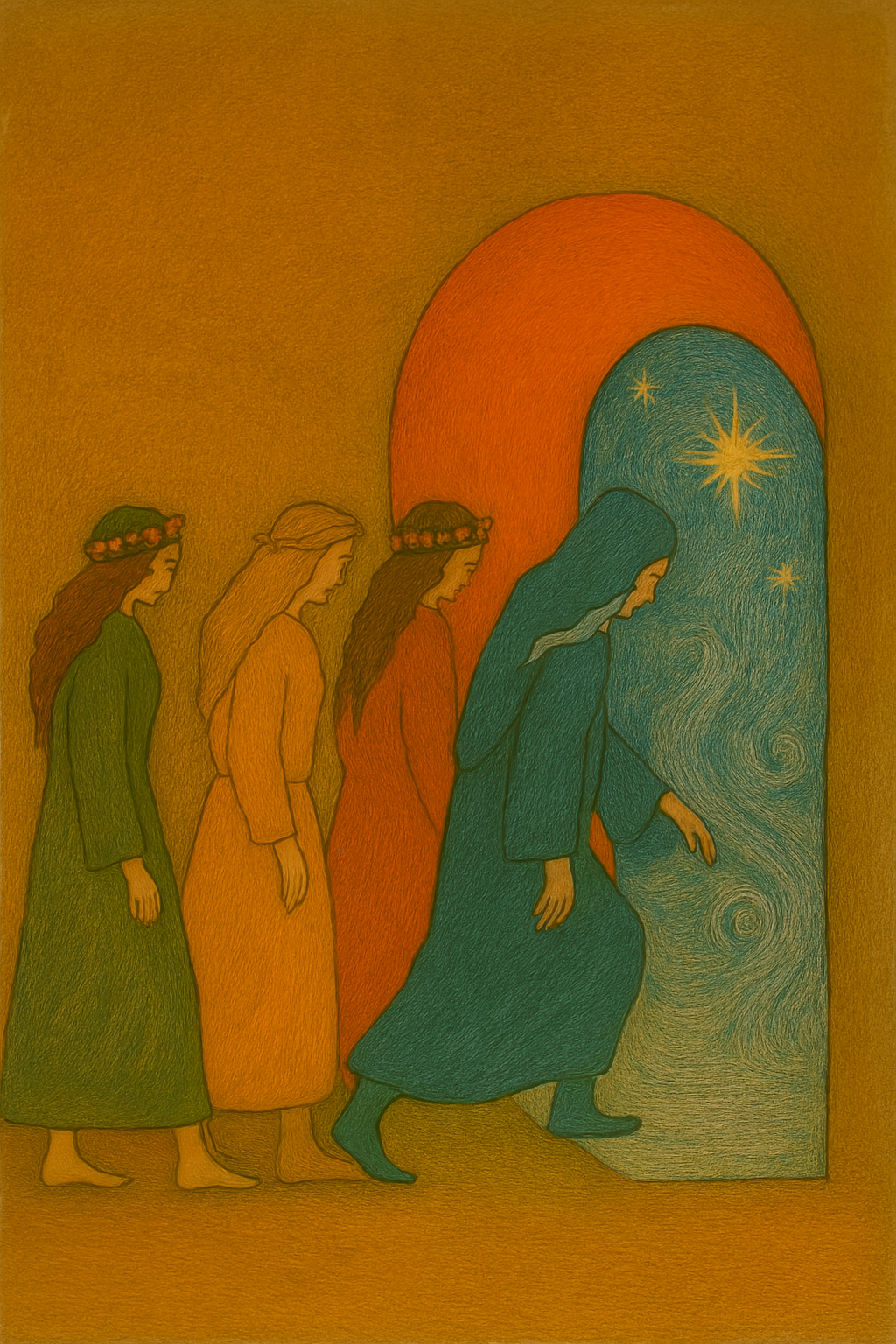 The four seasons, represented as women in various dress, line up in order, with winter at the front, to pass through a portal carved into a heart.