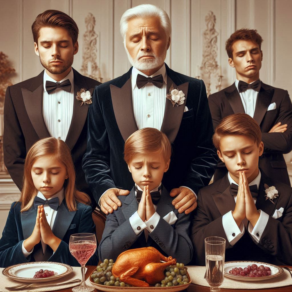 Family formally dressed in front of Thanksgiving dinner