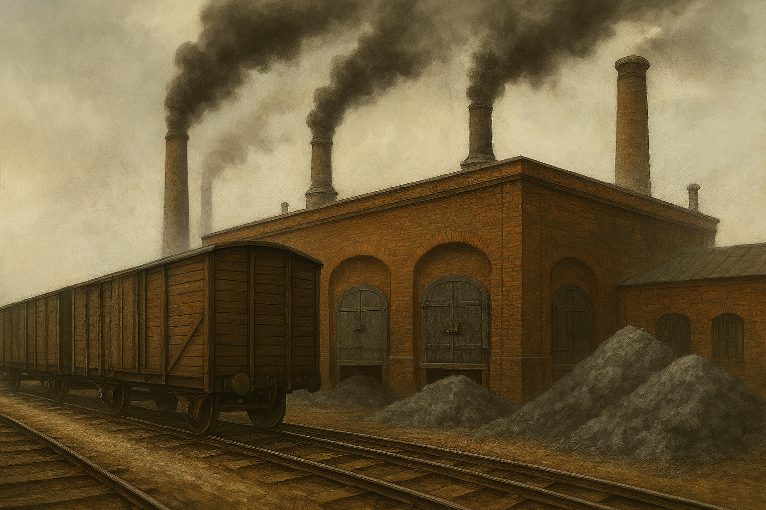 A freight train stands outside a brick factory, four chimneys belching smoke.