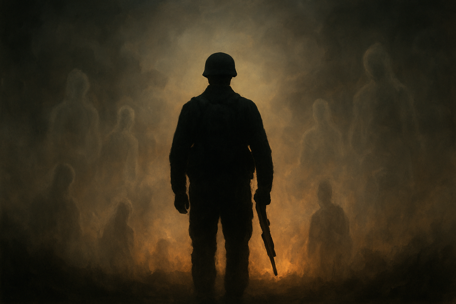A silhouetted soldier is surrounded by ghostly figures in a misty, fiery background.
