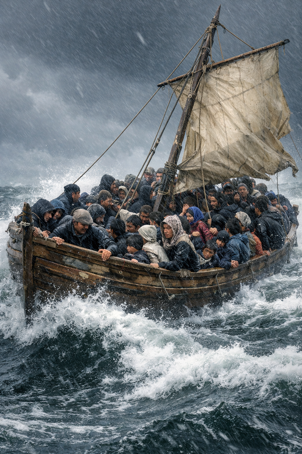A crowded wooden open boat with one sail out on the open sea.