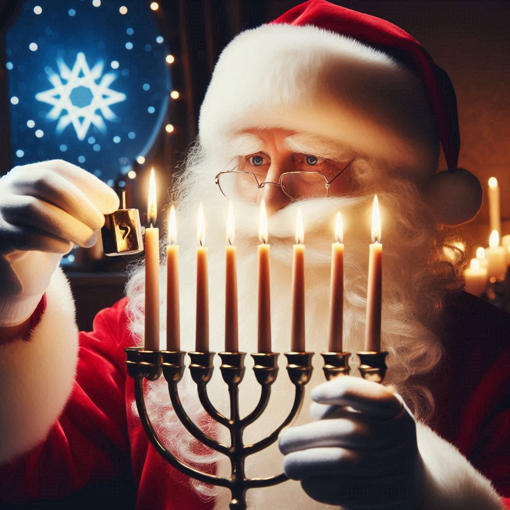 Santa in front of a Hanukkah menorah examining a dreidel